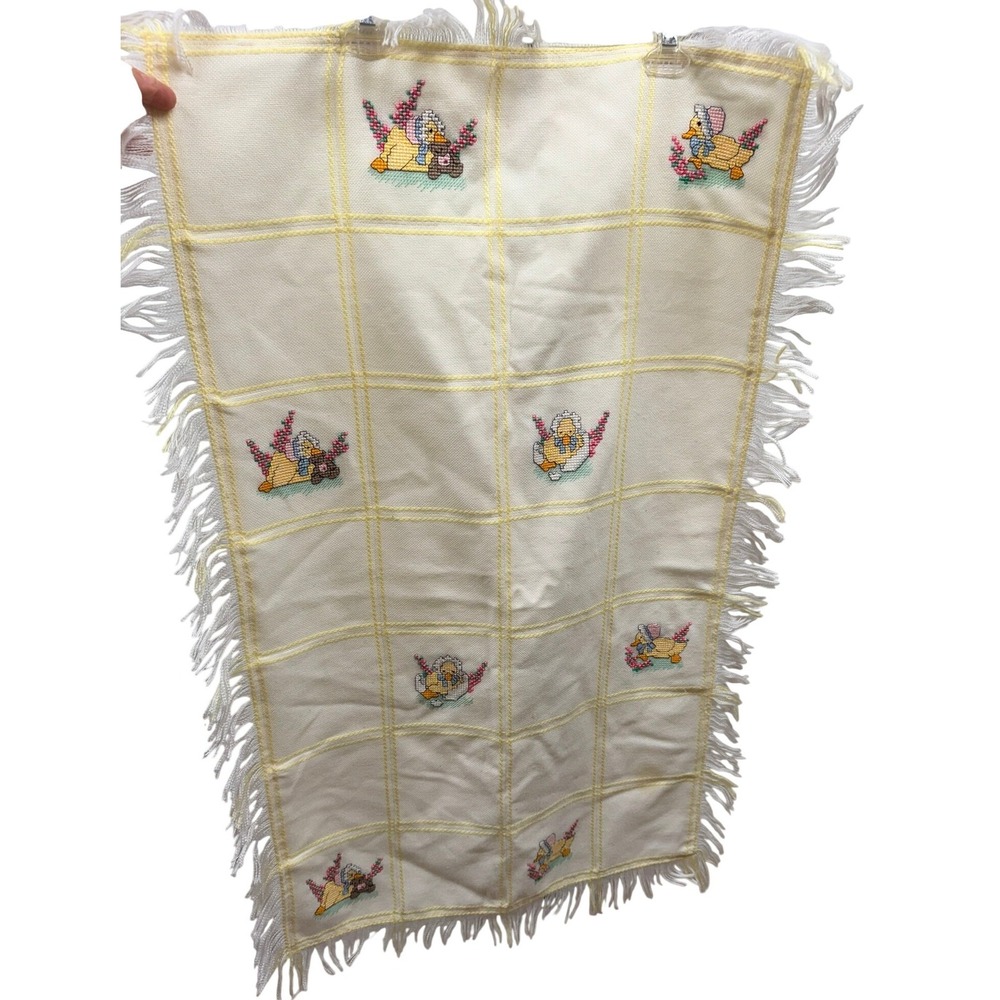 Vintage Cream Yellow Cross Stitch Duckling Fringed Baby Blanket Nursery Decor